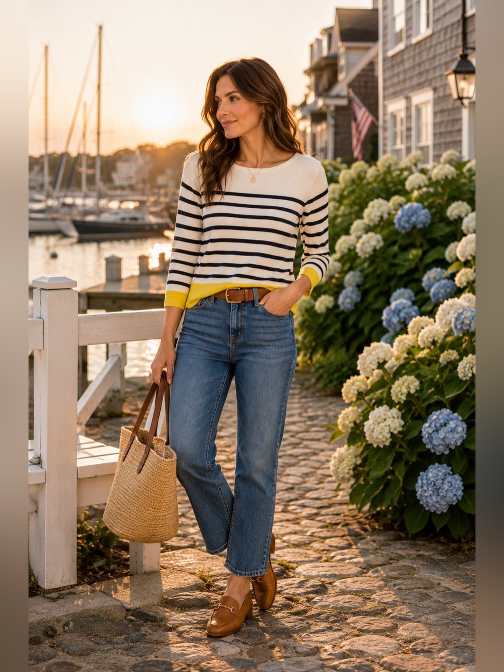 Talbots Petites Breton Stripe Sweater Cream Navy Yellow Hem 3/4 Sleeve SP